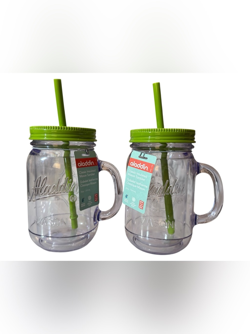ONE Aladdin Classic Double-walled Mason Tumbler w/Lime Green Lid & Straw, 20 oz.